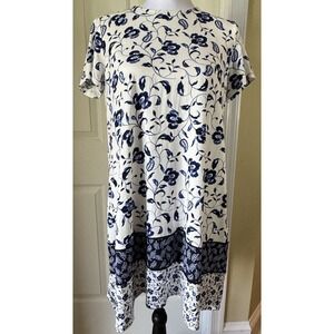 JJill Wearever Blue White Floral Short Sleeve Soft Stretchy Dress Womens PetiteS